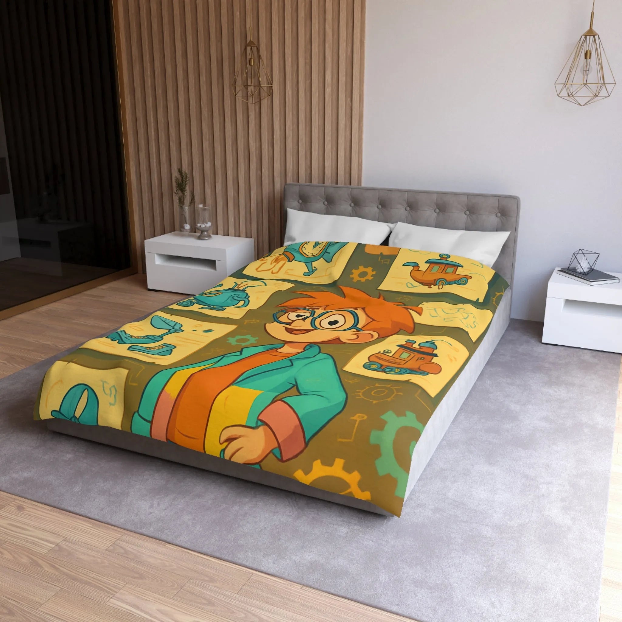 Housse de couette enfant motifs inventeur créatif pour chambre ludique et colorée