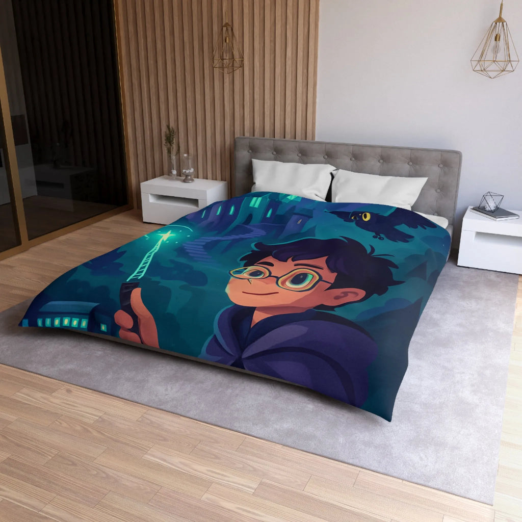 Housse de Couette Magique avec Enfant, Baguette Lumineuse et Chouette en Nuit Mystique