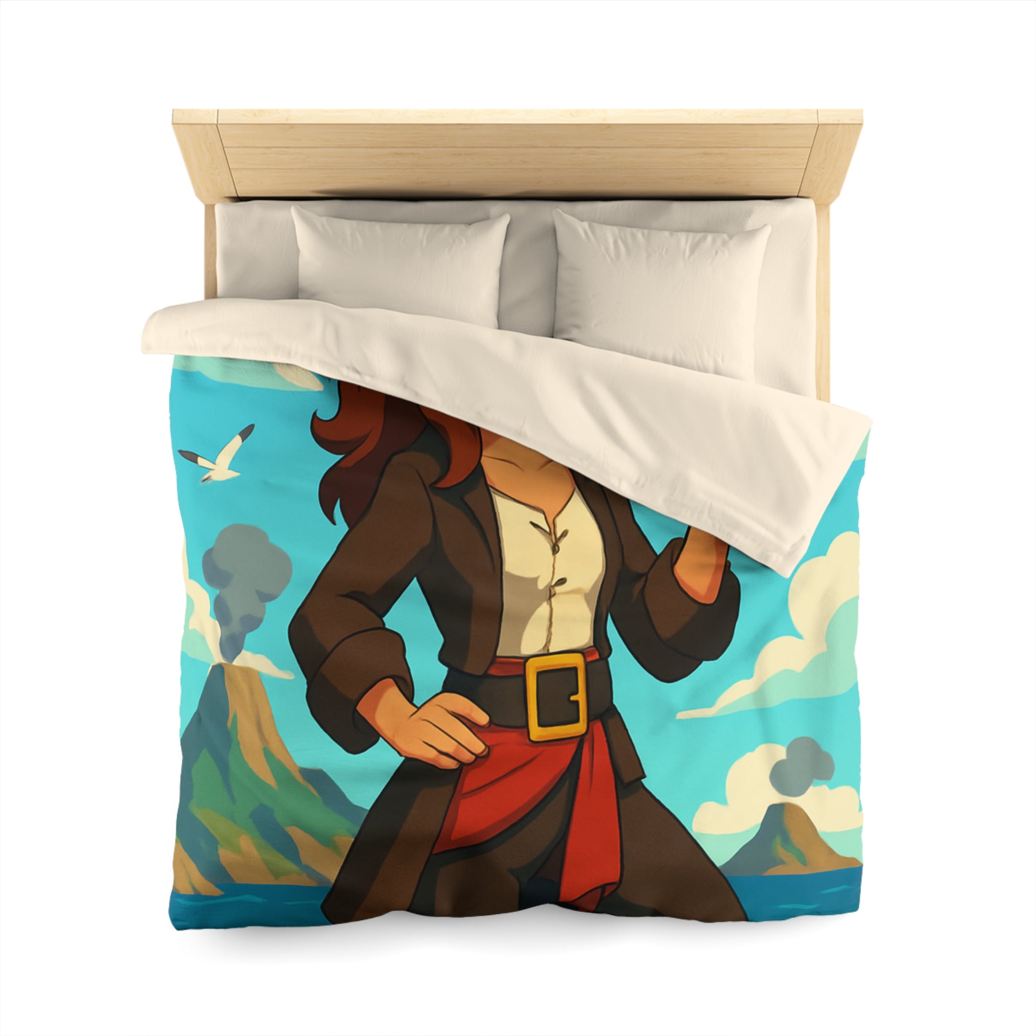 Housse de couette piraterie avec paysage maritime et aventurière avec boussole