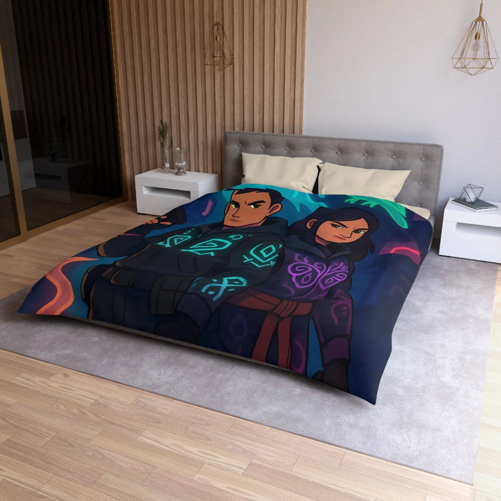 Housse de couette avec motifs mystiques de loup et hibou luminescents en néon urbain