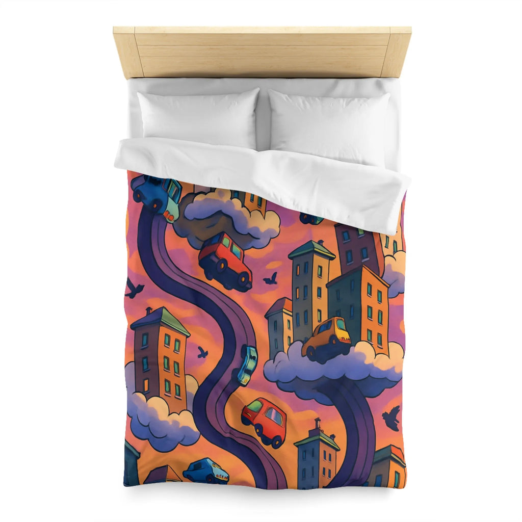 Housse de couette artistique avec voitures volantes et gratte-ciels à l'aube colorée