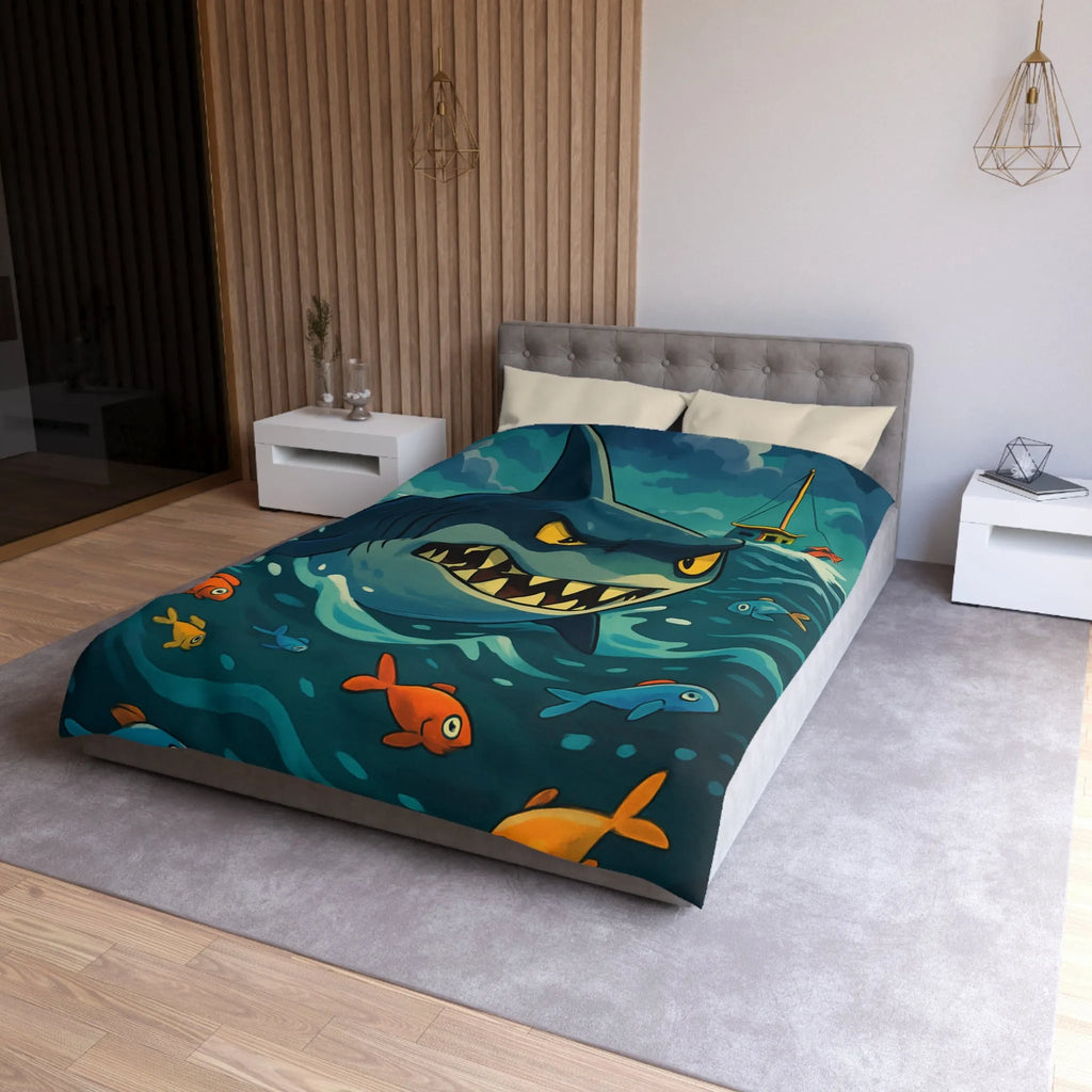 Housse de couette avec requin cartoon effrayant et poissons colorés en mer orageuse