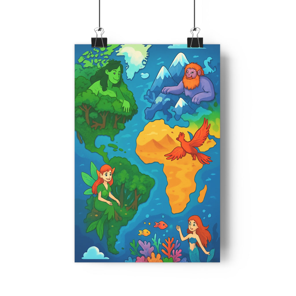 Poster décoratif artistique carte monde fantastique créatures vert rouge bleu ambiance magique chambre enfants