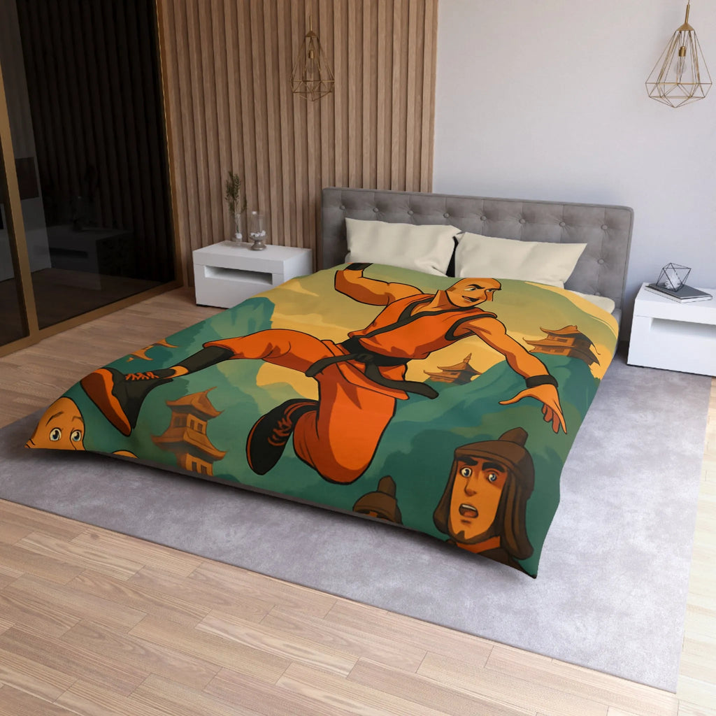 Housse de Couette Art Martial Moine avec Ballon de Basket en Feu Paysage Montagneux