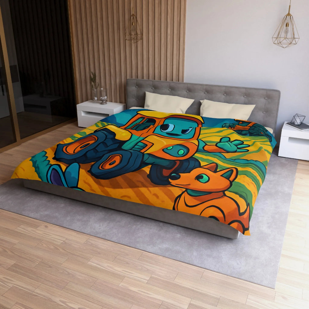 Housse de couette colorée avec tracteur joyeux, robots animaux et scène de ferme nocturne