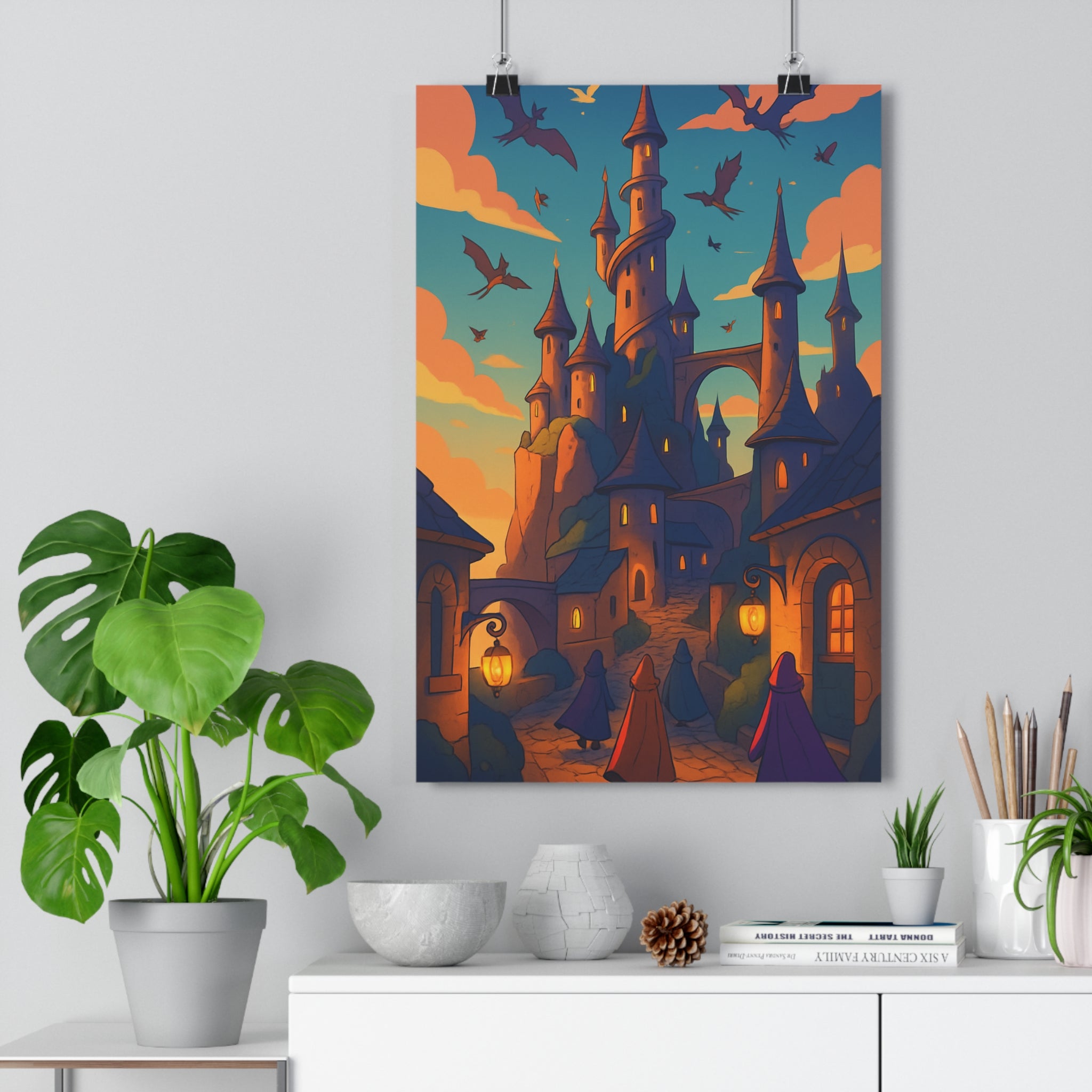 Poster décoratif mystique cité enchantée couleurs chaudes ambiance magique salon chambre aventure créatif unique