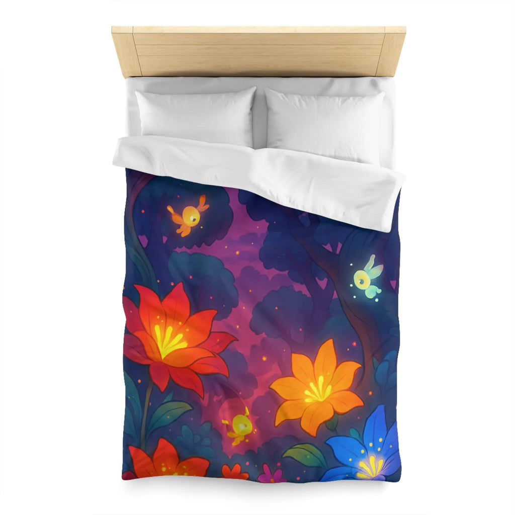 Housse de Couette avec Fleurs Lumineuses et Paysage Enchanté de Forêt Magique Nocturne