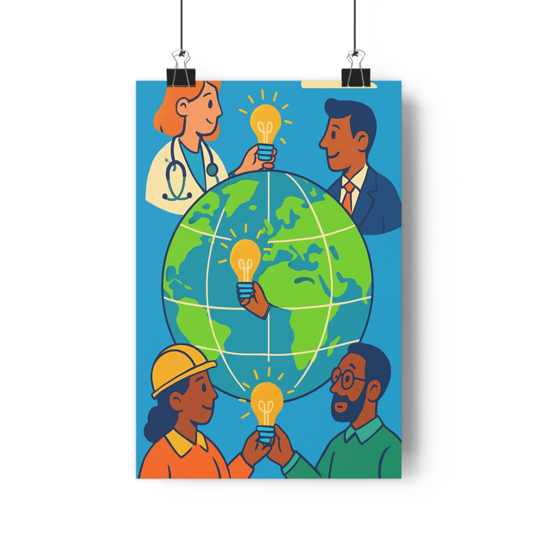 Poster décoratif cartoon globe lumineux bleu vert orange salon bureau dynamique collaboration universel unique