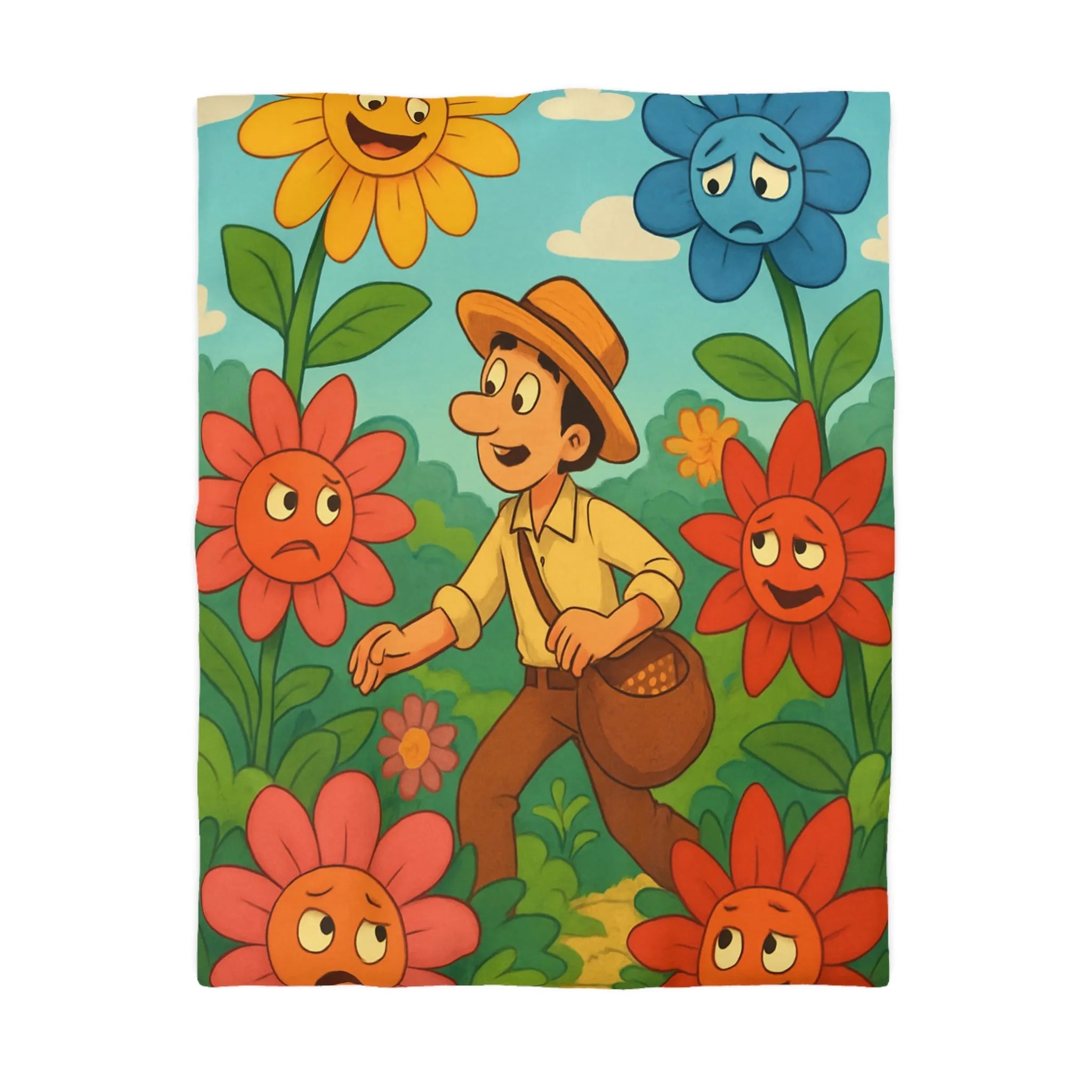 Housse de couette colorée avec jardin de fleurs expressives et personnage en promenade