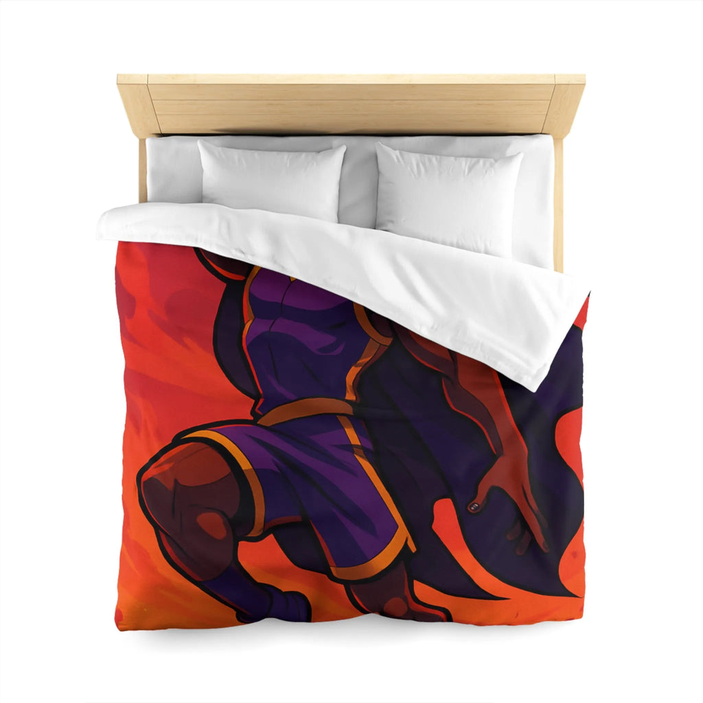 Housse de couette homme volant avec cape et ballon lumineux sur fond orange