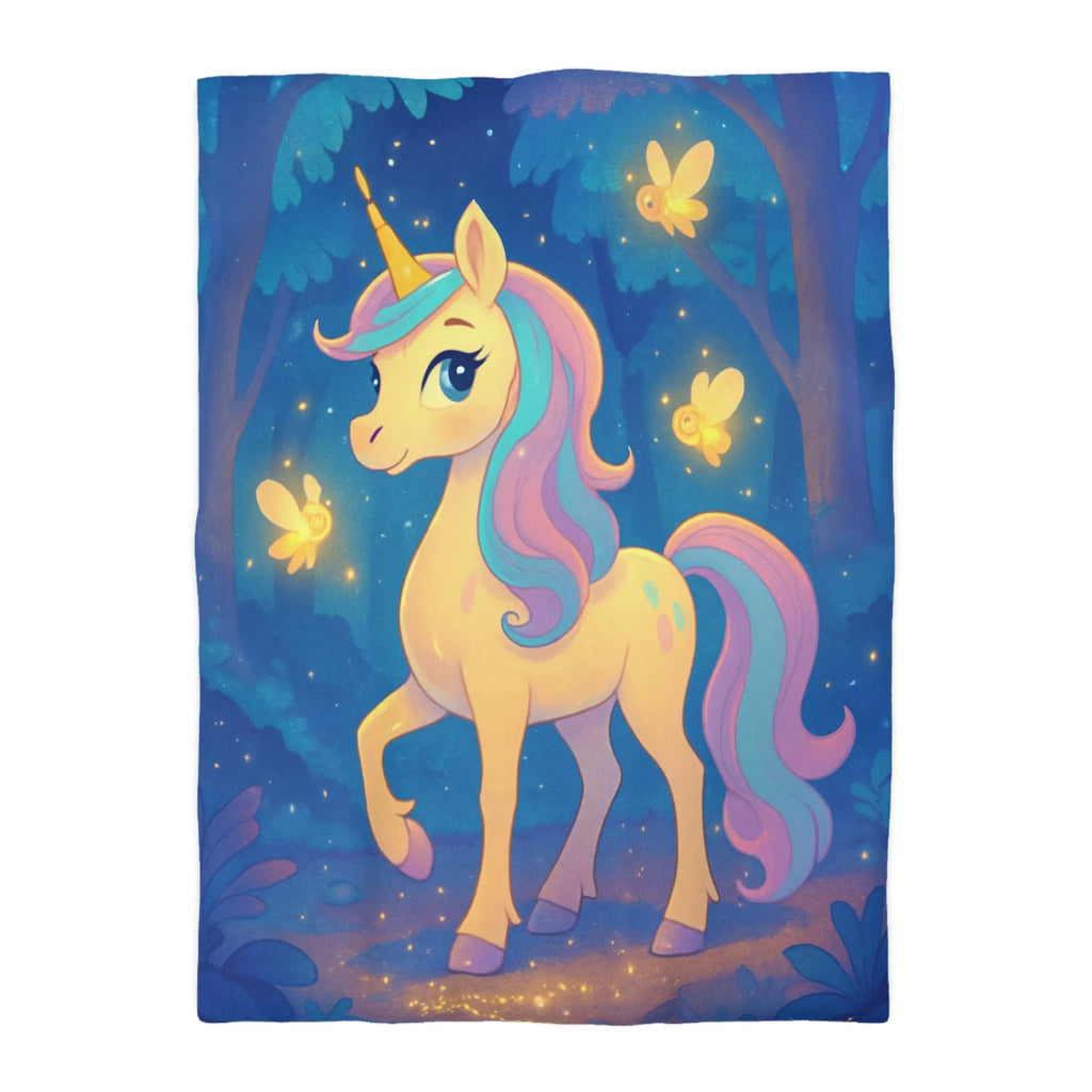 Housse de couette avec licorne féerique et lucioles dans une forêt enchantée