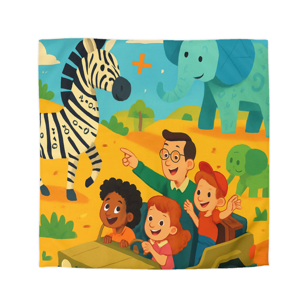 Housse de Couette Safari Éducatif avec Animaux Colorés et Enfants en Aventure