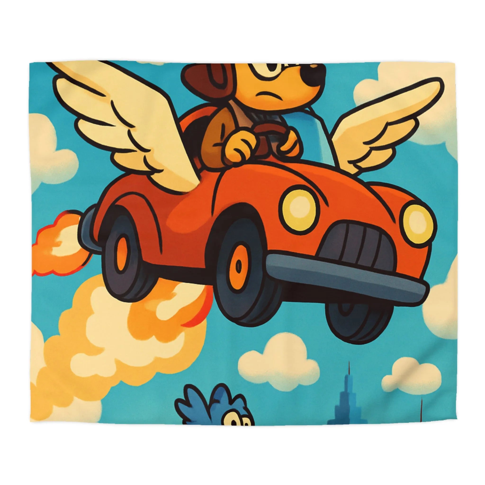 Housse de couette colorée avec chien volant dans voiture ailée au-dessus de ville cartoon