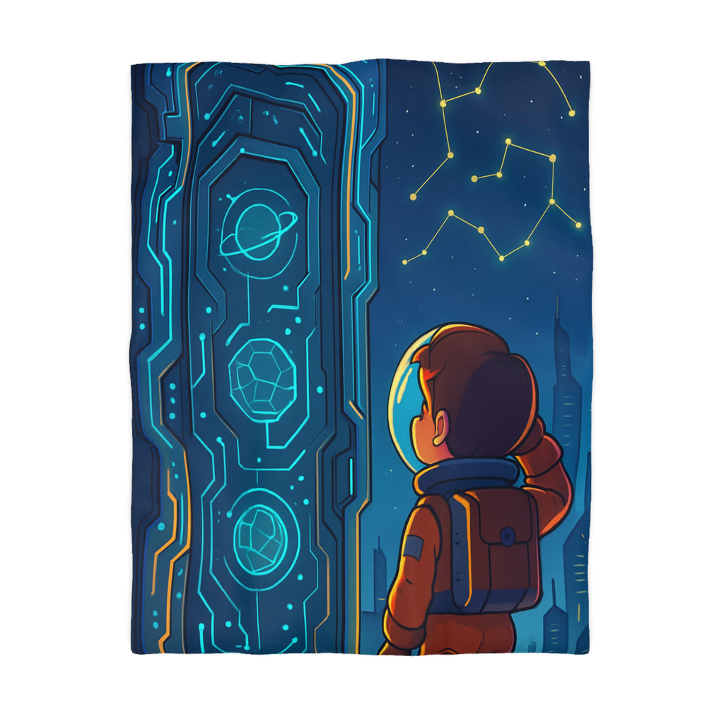 Spacieux design illustrant astronaute devant porte futuriste et constellations étoilées