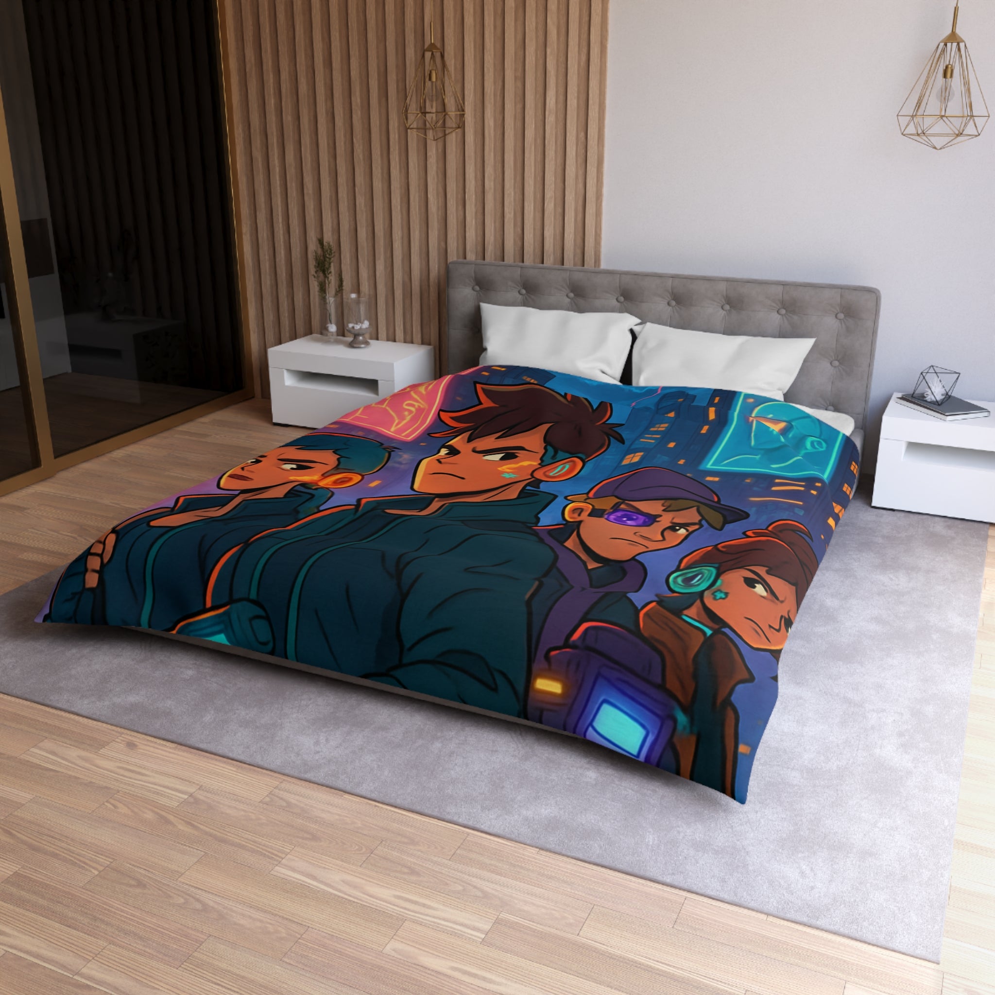 Housse de couette style rétro futuriste avec scène urbaine néon et personnages cyberpunk