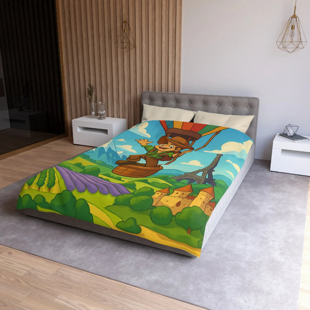 Charmant voyageur en montgolfière surplombant paysages français, champs et monuments emblématiques