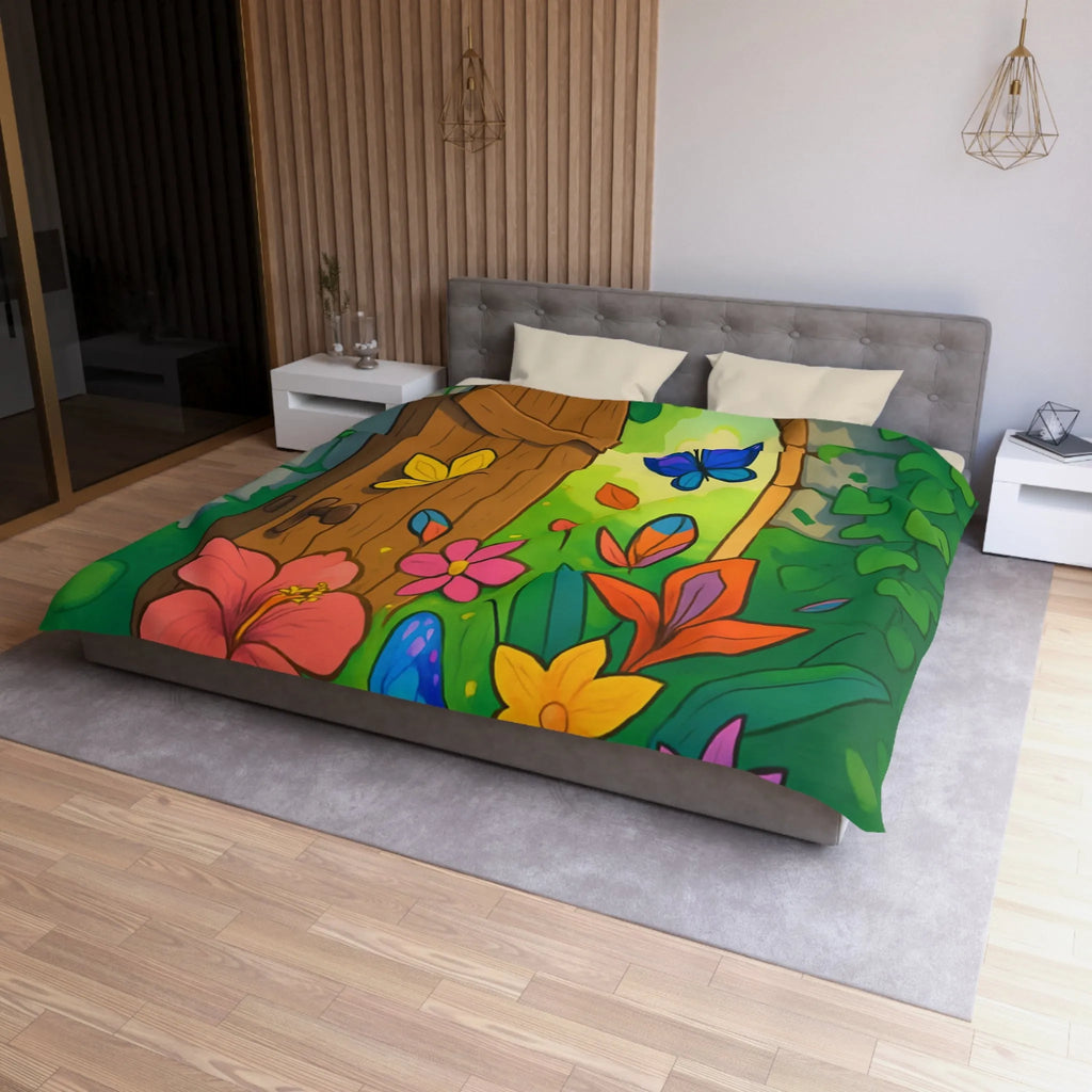 Housse de couette avec papillons colorés et fleurs devant porte de jardin enchanté