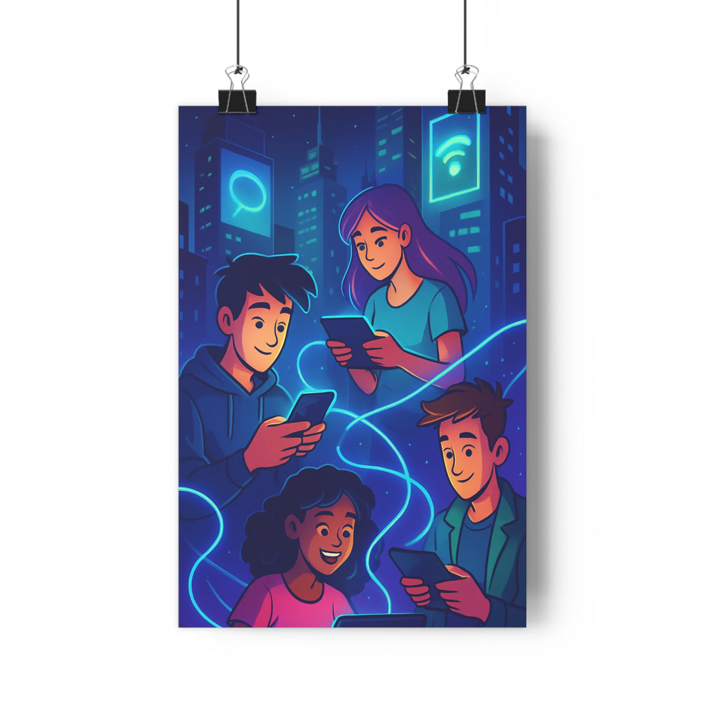 Poster décoratif cartoon futuriste moderne bureau dynamique lumineux coloré connexion électronique urbain personnages interactif