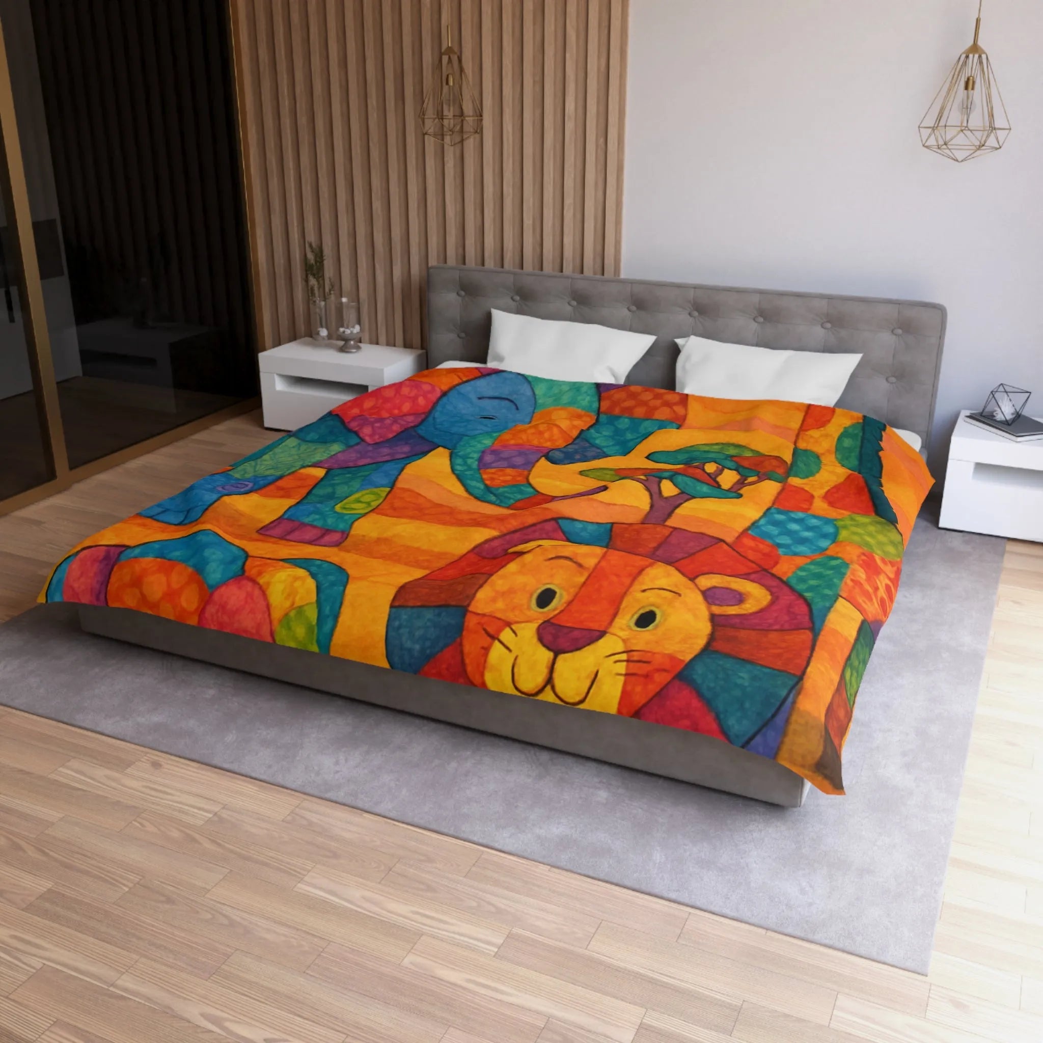 Housse de couette colorée avec éléphants, girafe et lion en style patchwork