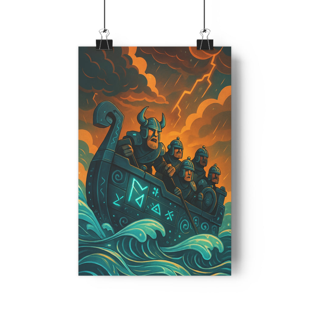 Poster décoratif cartoon bleu vert orange aventure épique chambre salon 30x46 guerriers navire viking