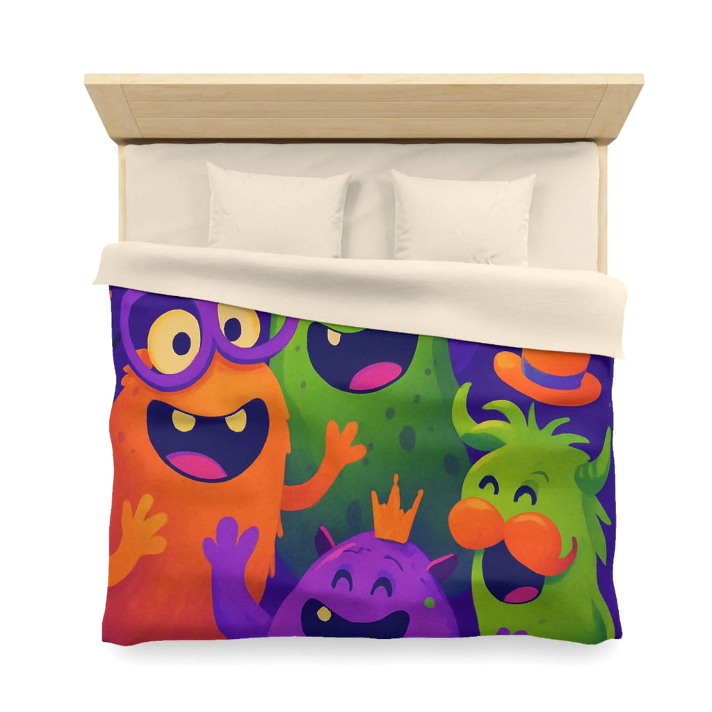 Housse de couette festive avec monstres colorés, ambiance joyeuse pour chambre d'enfant