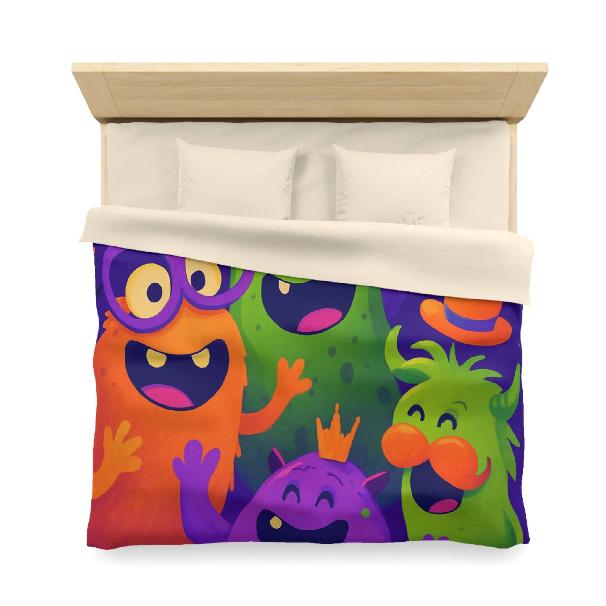 Housse de couette festive avec monstres colorés, ambiance joyeuse pour chambre d'enfant