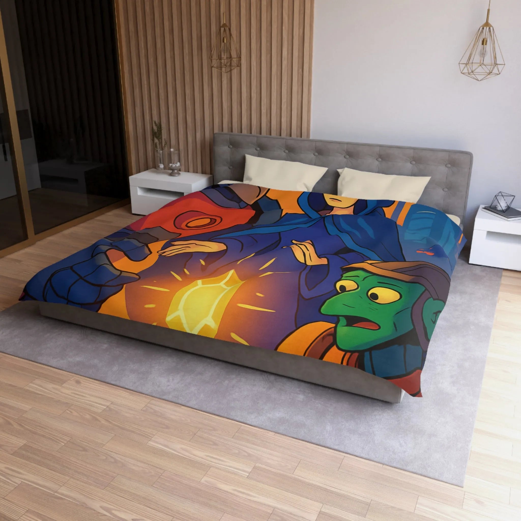 Housse de couette colorée avec illustration futuriste d'artefact mystérieux et personnages intrigants