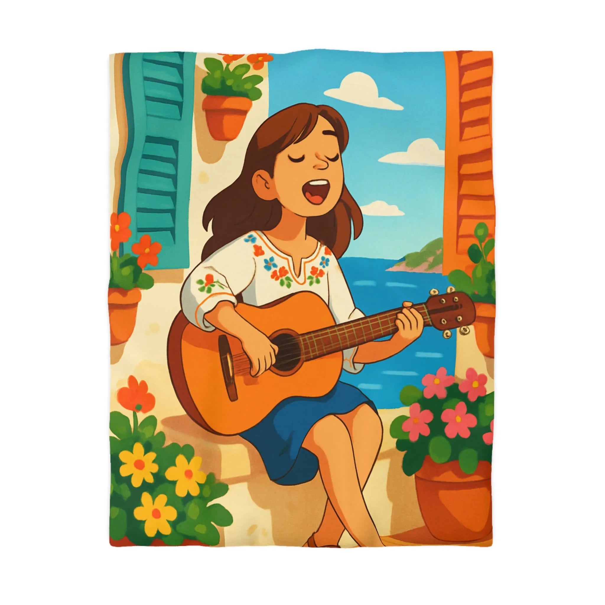 Housse de couette animée avec fille jouant de la guitare en bord de mer