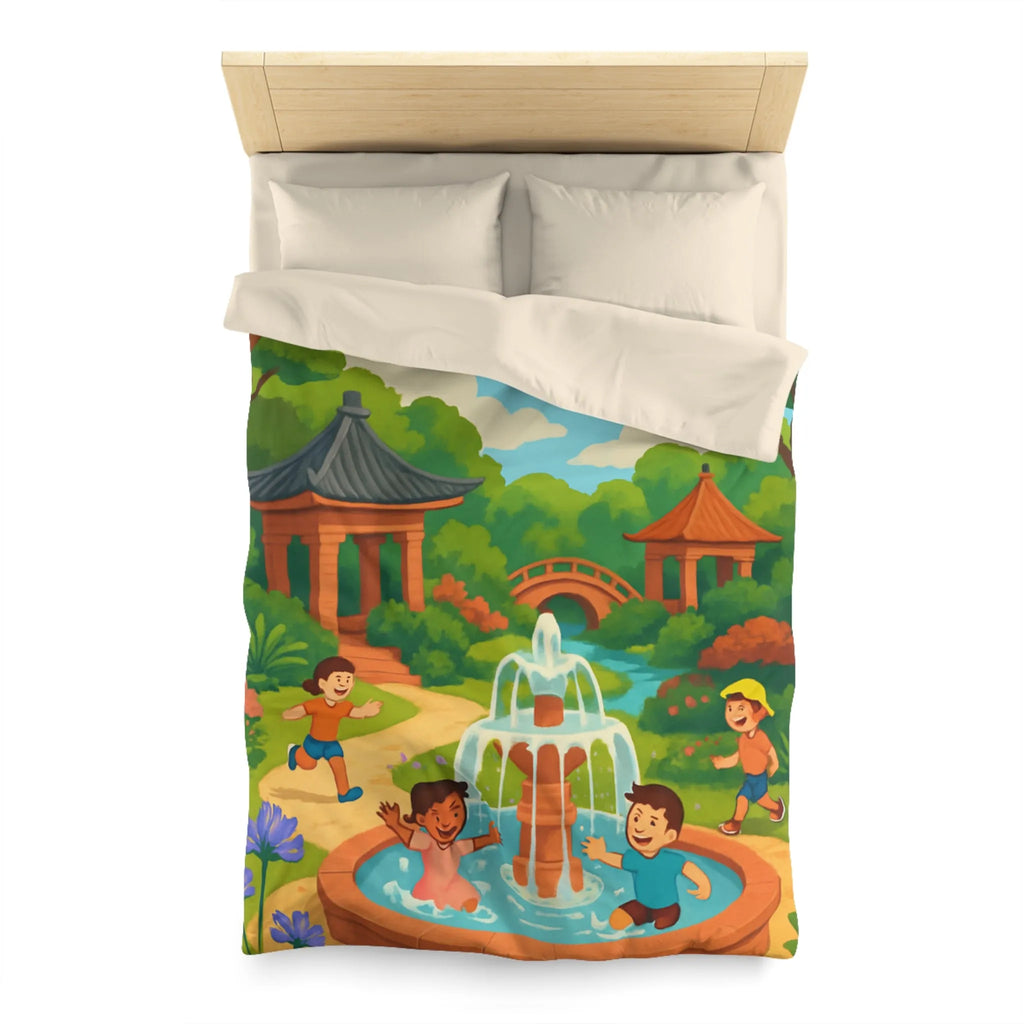 Housse de couette colorée avec enfants jouant autour d'une fontaine joyeuse au parc