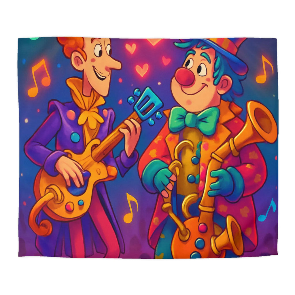 Housse de couette colorée avec musiciens joyeux jouant guitare et saxophone sous projecteurs