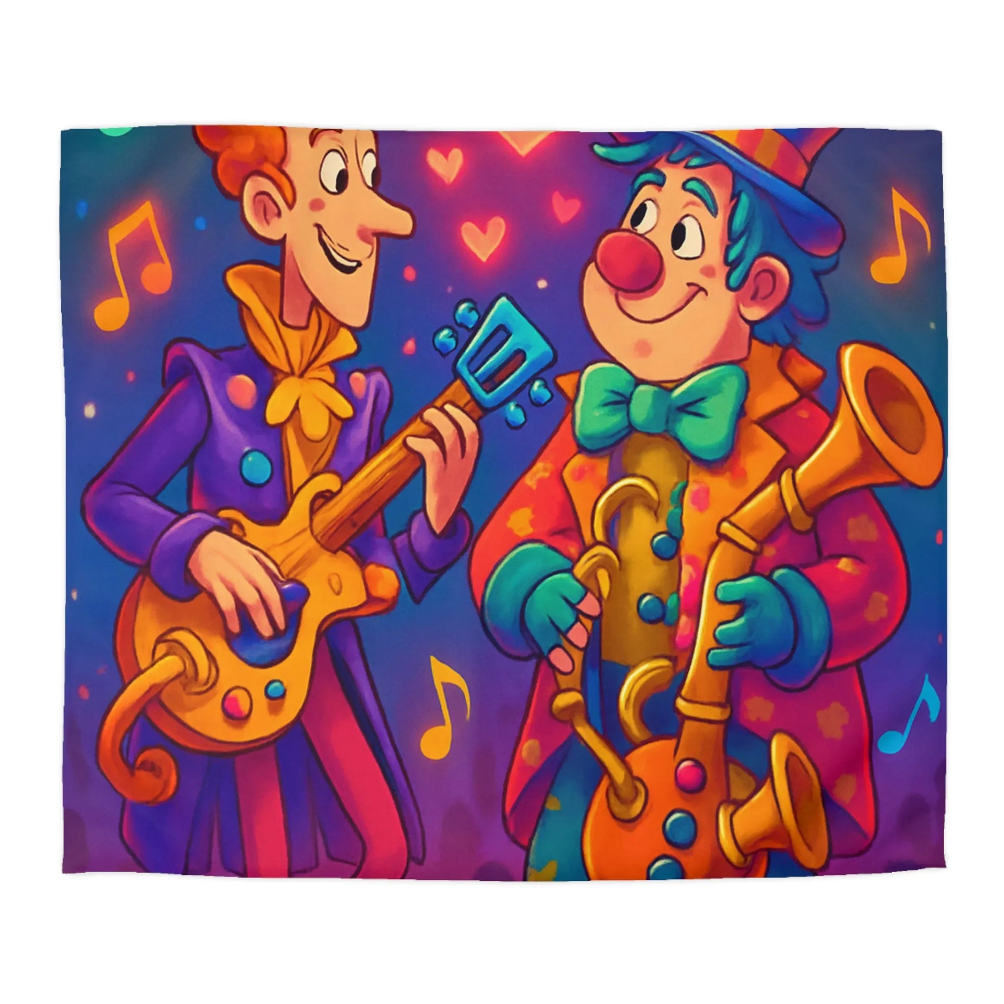 Housse de couette colorée avec musiciens joyeux jouant guitare et saxophone sous projecteurs