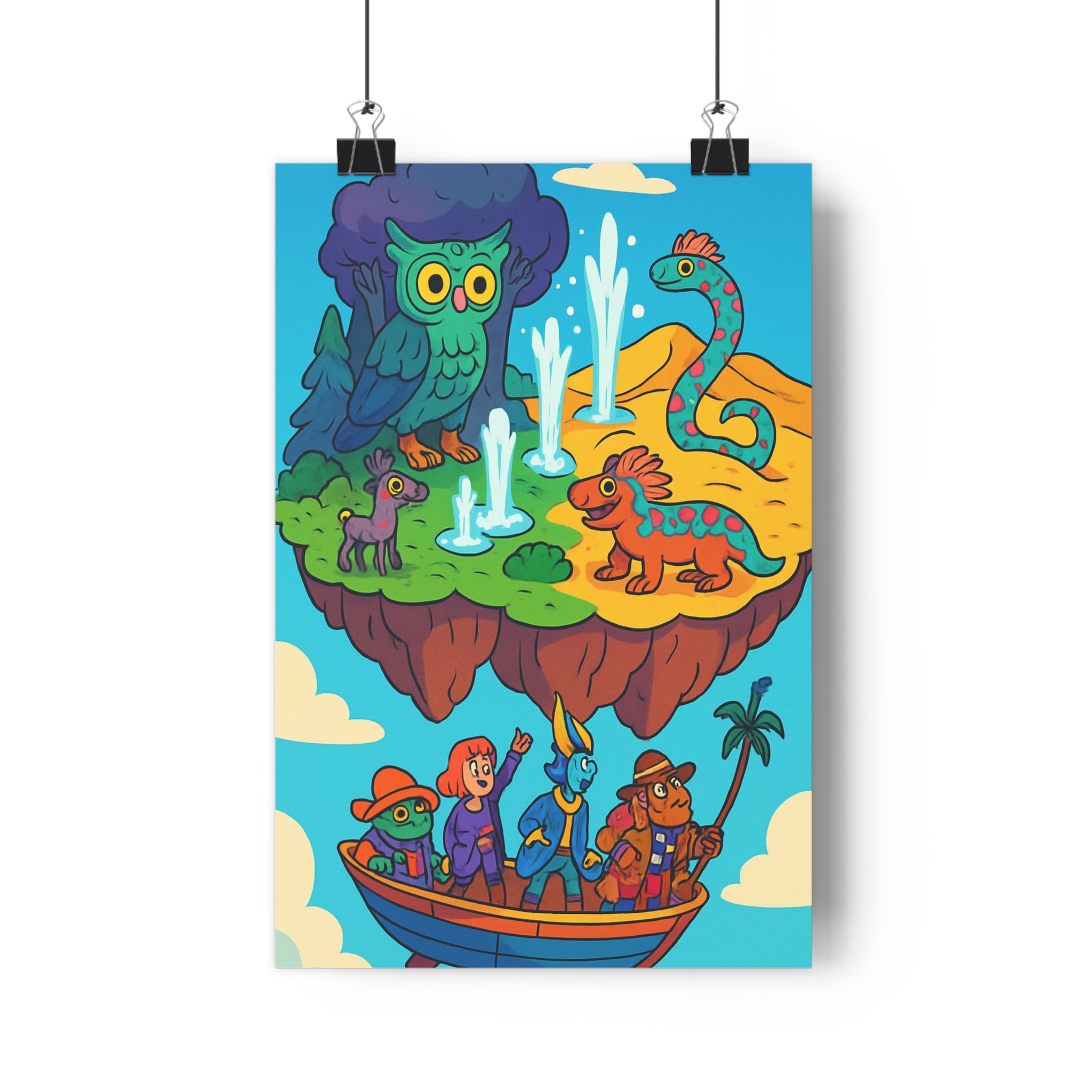Poster décoratif île flottante créatures fantastiques hibou serpent coloré cartoon ludique enfant chambre 30x46