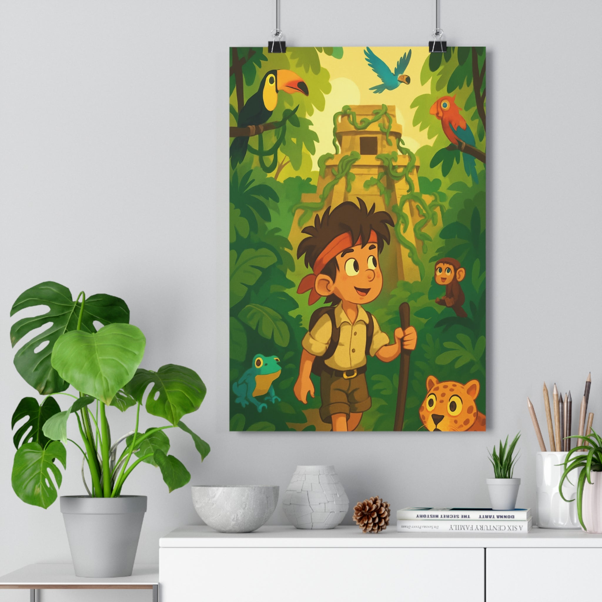 Poster décoratif aventure jungle coloré anime explorateur enfant salon mystique exotique animaux nature intrigue