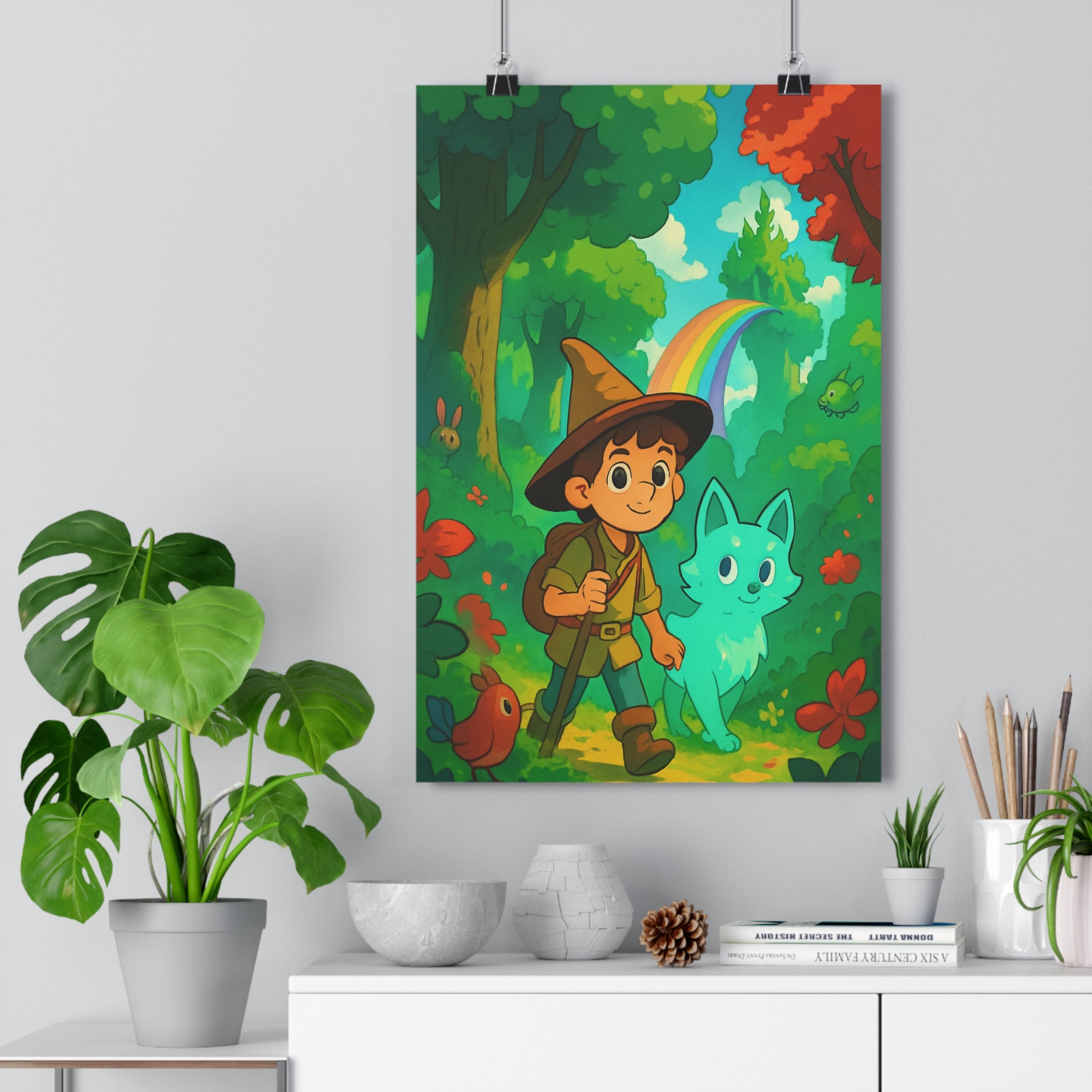 Poster décoratif féérique forêt enchantée aventurier mystique chapeau pointu coloré enfant nature vibrant unique