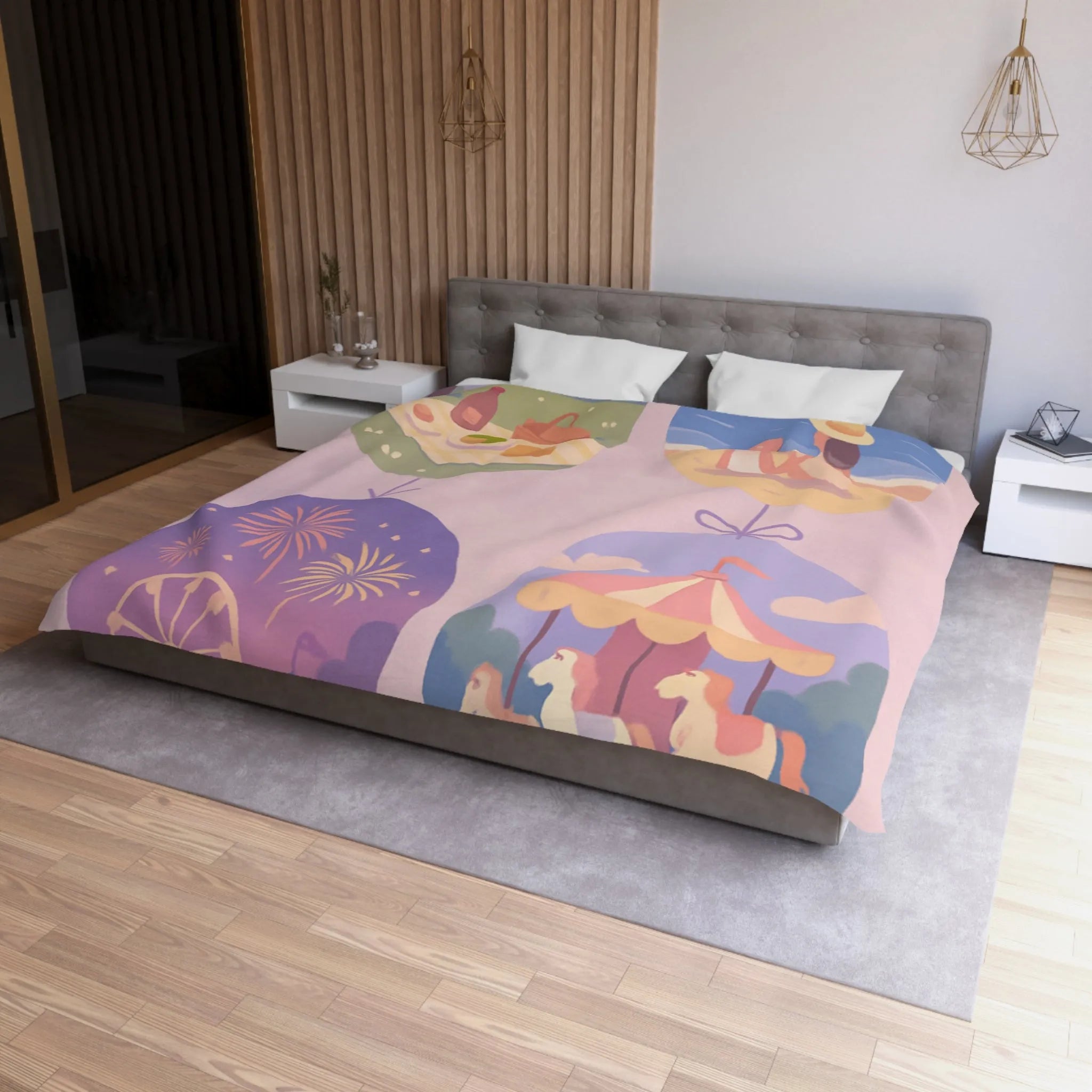 Douce Housse de Couette avec Scènes de Nature et Loisir Pastel Évoquant Sérénité