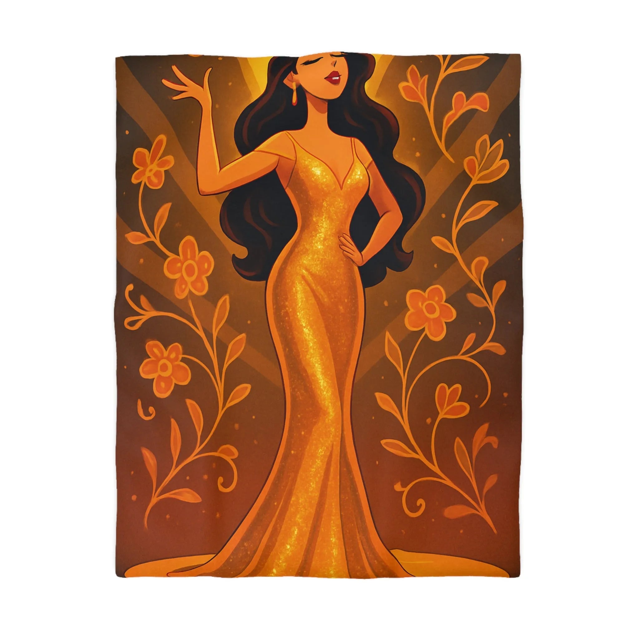 Élégante illustration de femme en robe dorée longue avec fleurs et effets lumineux