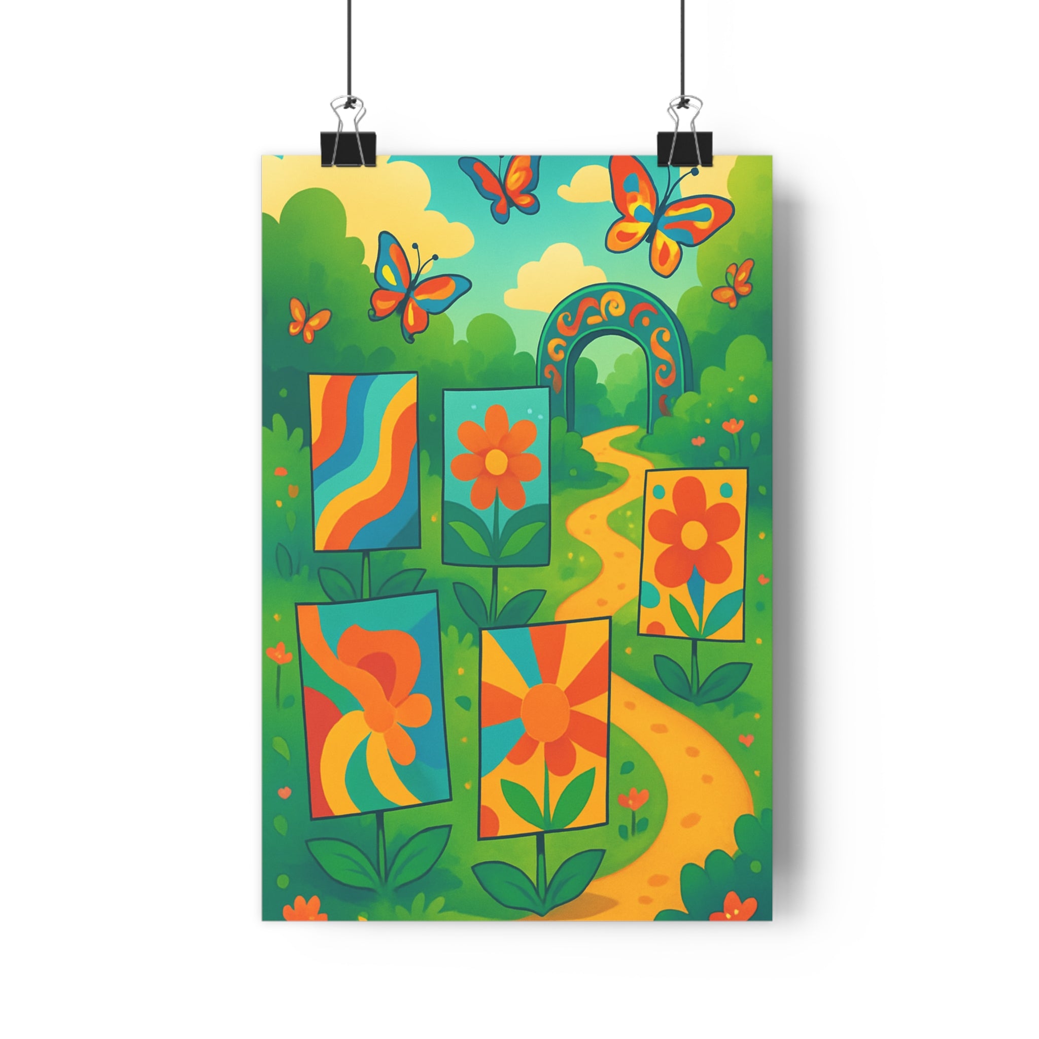 Poster décoratif jardin fleurs stylisées cartoon joyeux coloré vert bleu papillons salon chambre bureau