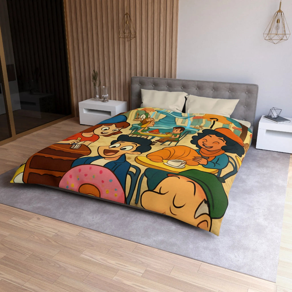 Housse de Couette Illustrée Café Parisien Déjeuner en Plein Air Ambiance Automnale Colorée