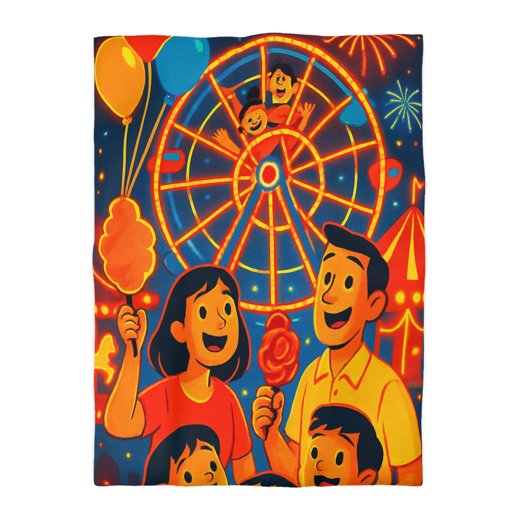 Housse de Couette Famille Heureuse Parc d'Attractions Éclairages Spectaculaires Fête Foraine à Décor