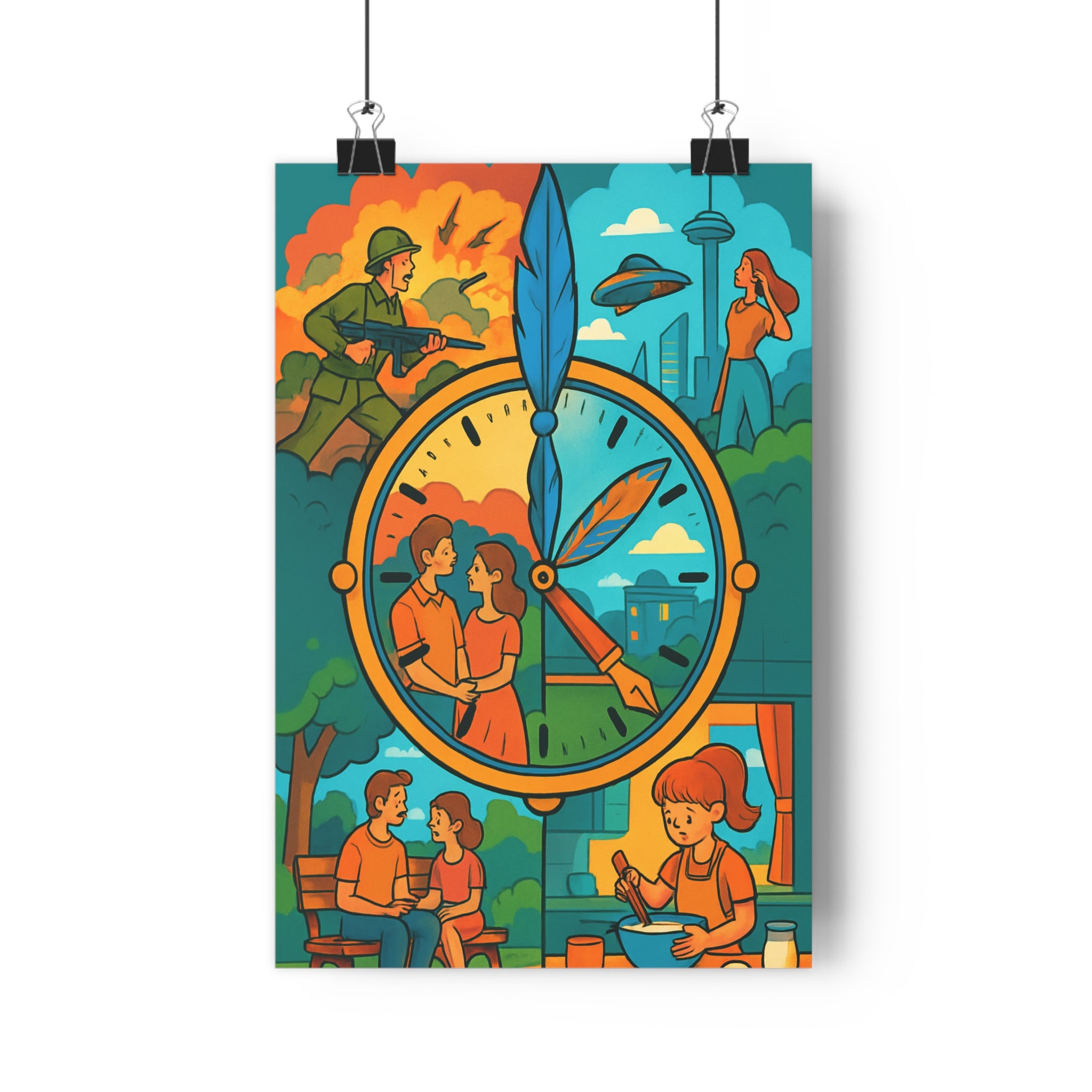 Poster décoratif poétique illustré orange bleu vert mystérieux salon chambre bureau contemporain unique fascinant