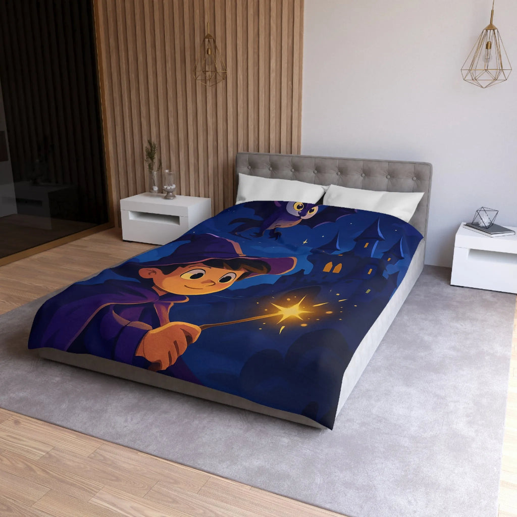 Housse de couette magique pour enfant avec jeune sorcier et château enchanté