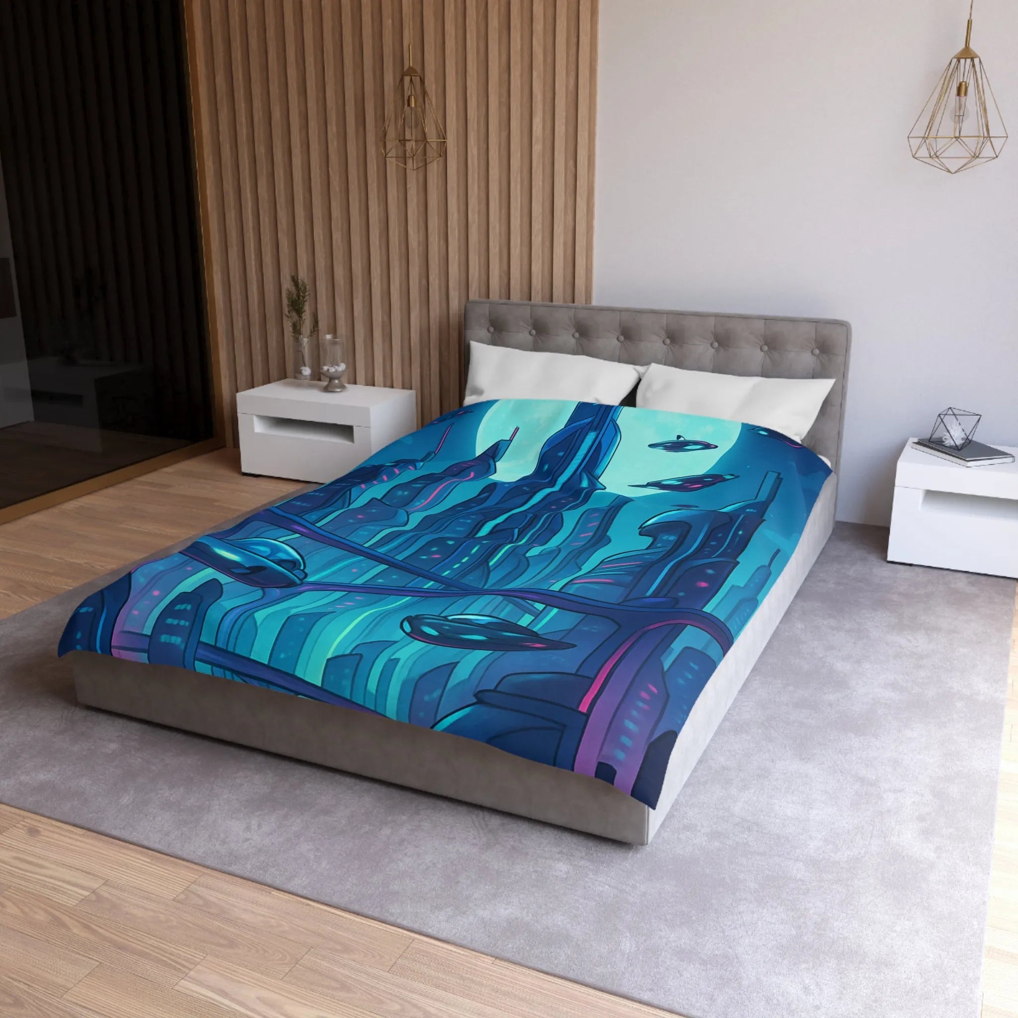 Housse de couette futuriste avec ville néon et vaisseaux spatiaux sous pleine lune