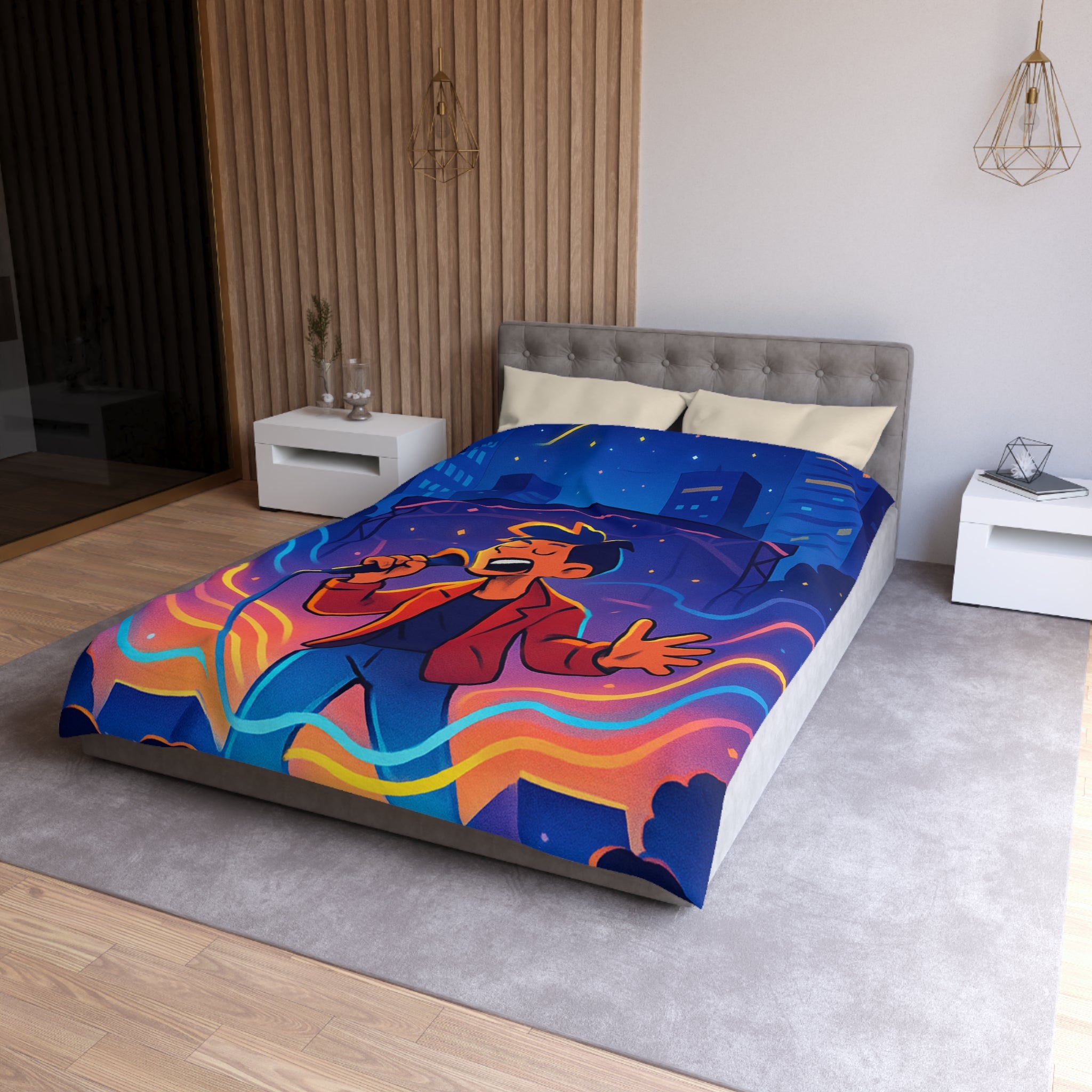 Housse de couette scène vibrante de concert nocturne avec chanteur et couleurs éclatantes