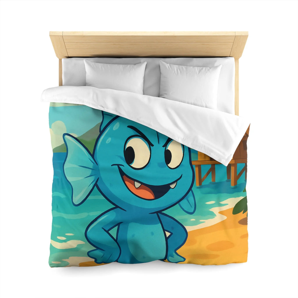 Housse de couette île tropicale avec poisson bleu et volcan en arrière-plan