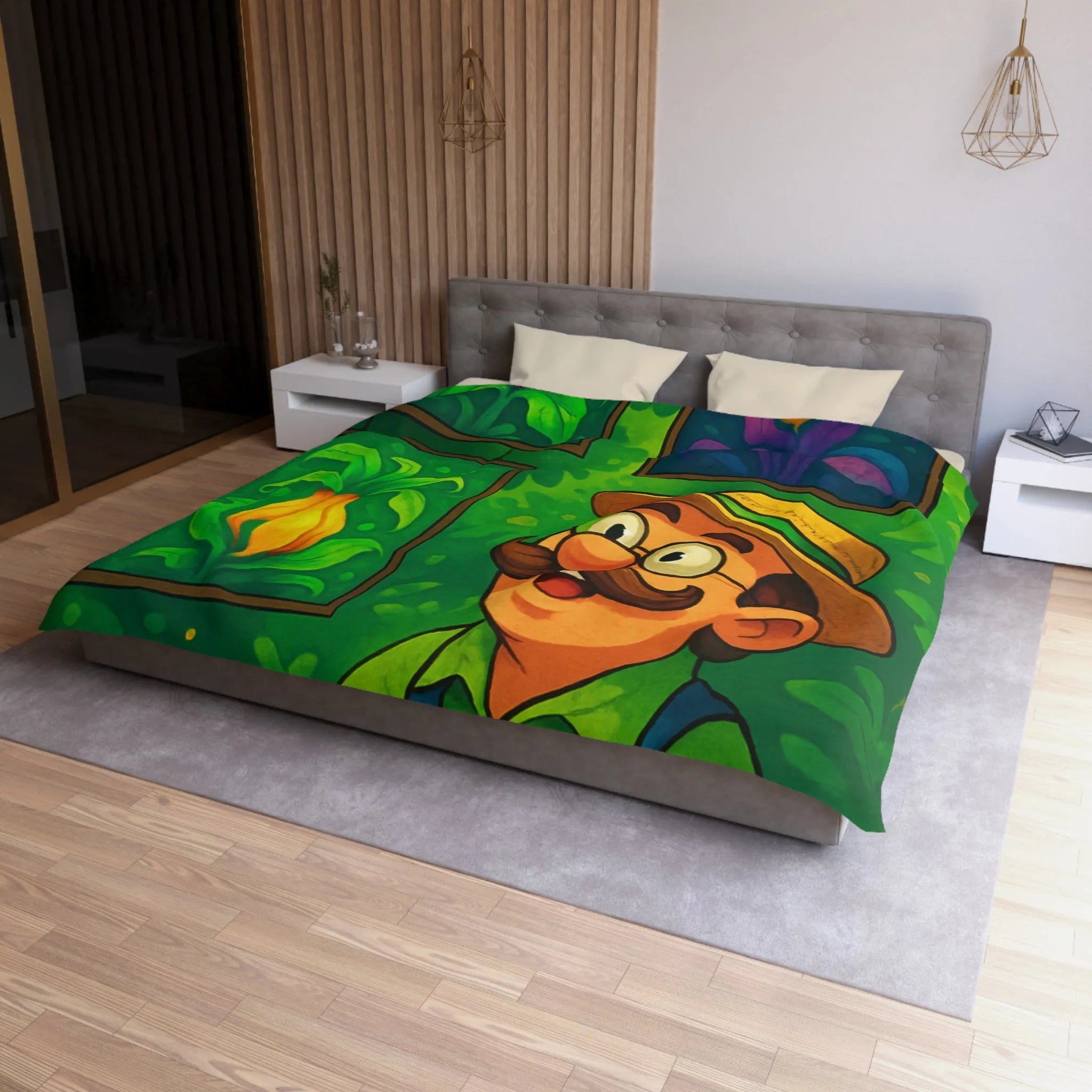 "Housse de Couette Motif Tropical avec Fleurs Exotiques et Jardinier Heureux Illustré"