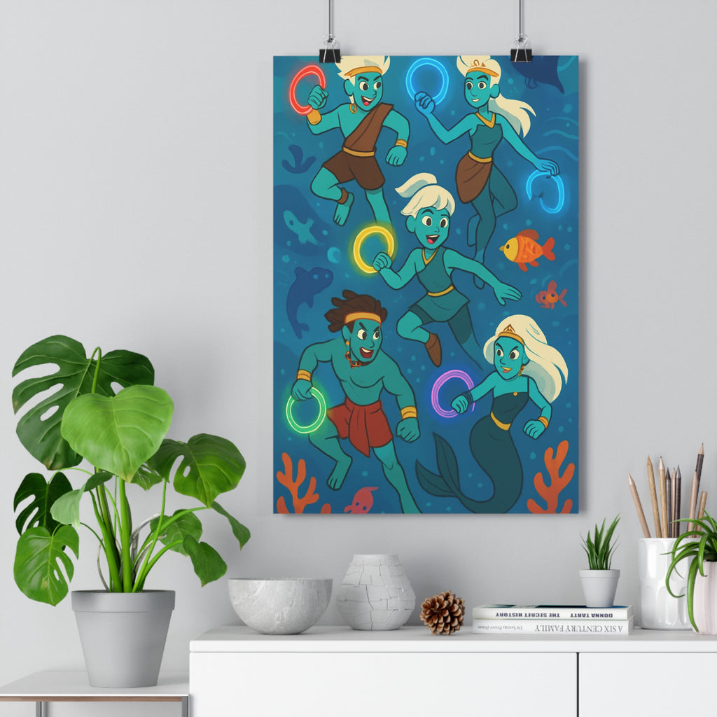 Poster décoratif fantastique bleu rouge jaune vert mythologie aquatique lumineux chambre enfant mystique aventure