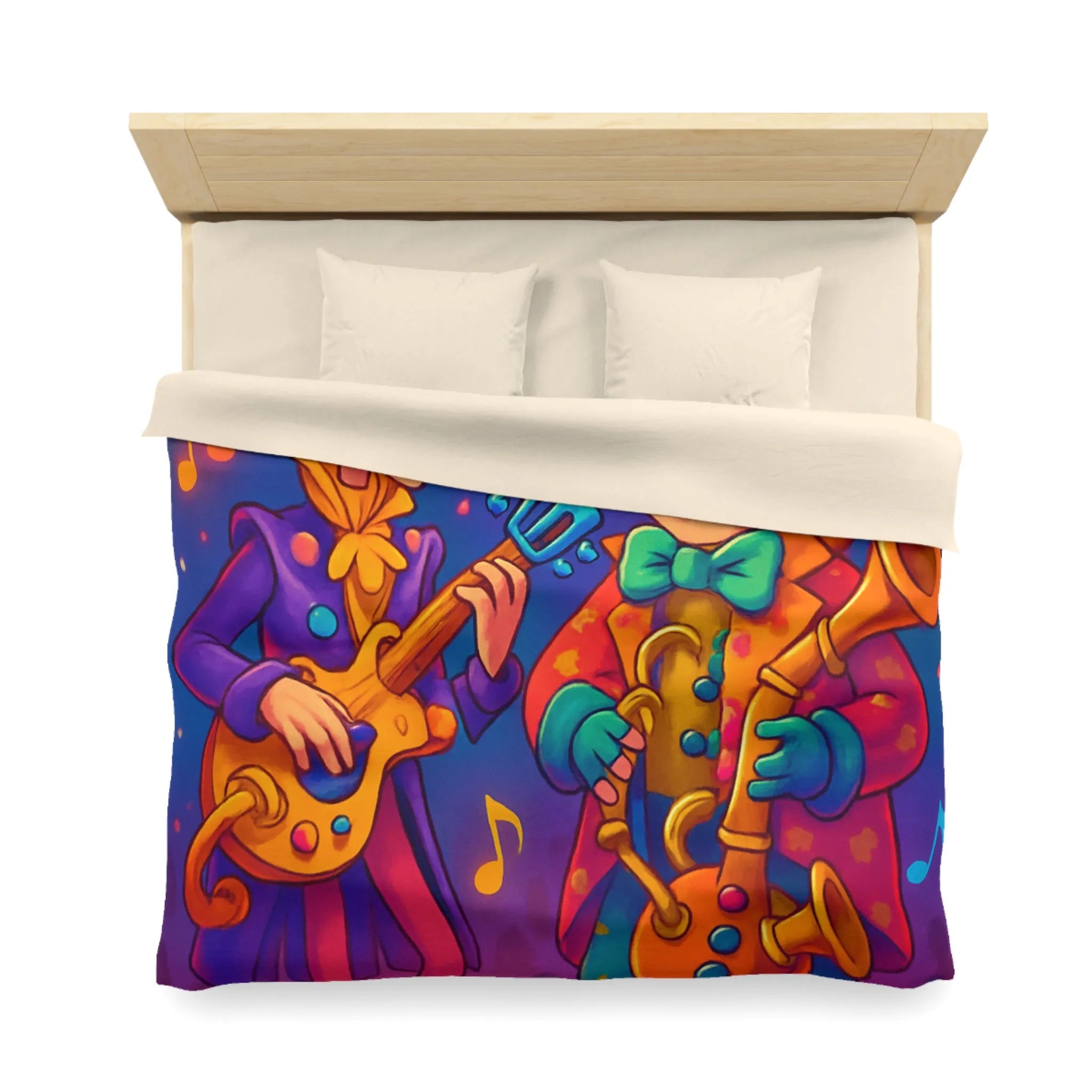Housse de couette colorée avec musiciens joyeux jouant guitare et saxophone sous projecteurs