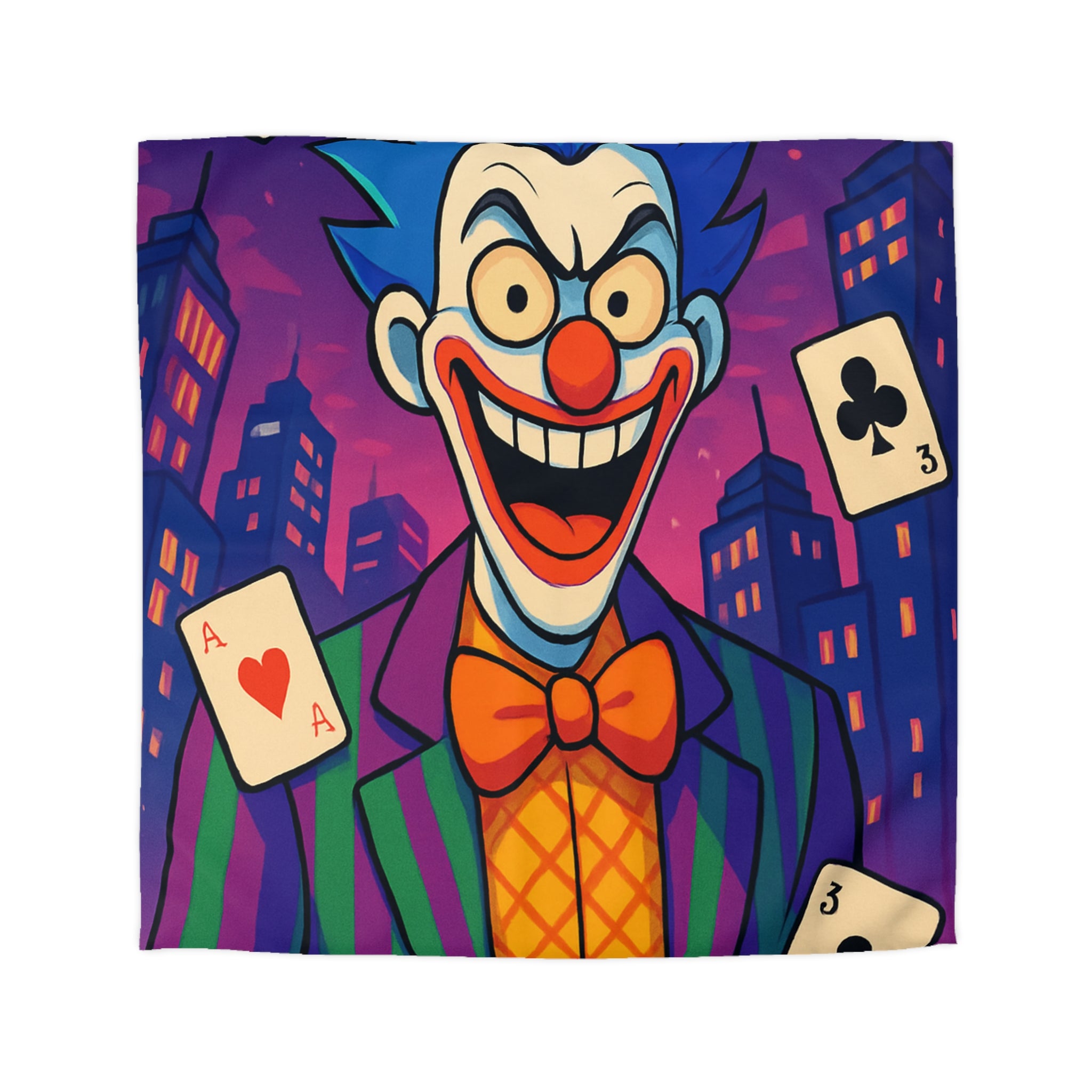 Housse de couette vibrante avec clown effrayant et cartes à jouer en arrière-plan urbain