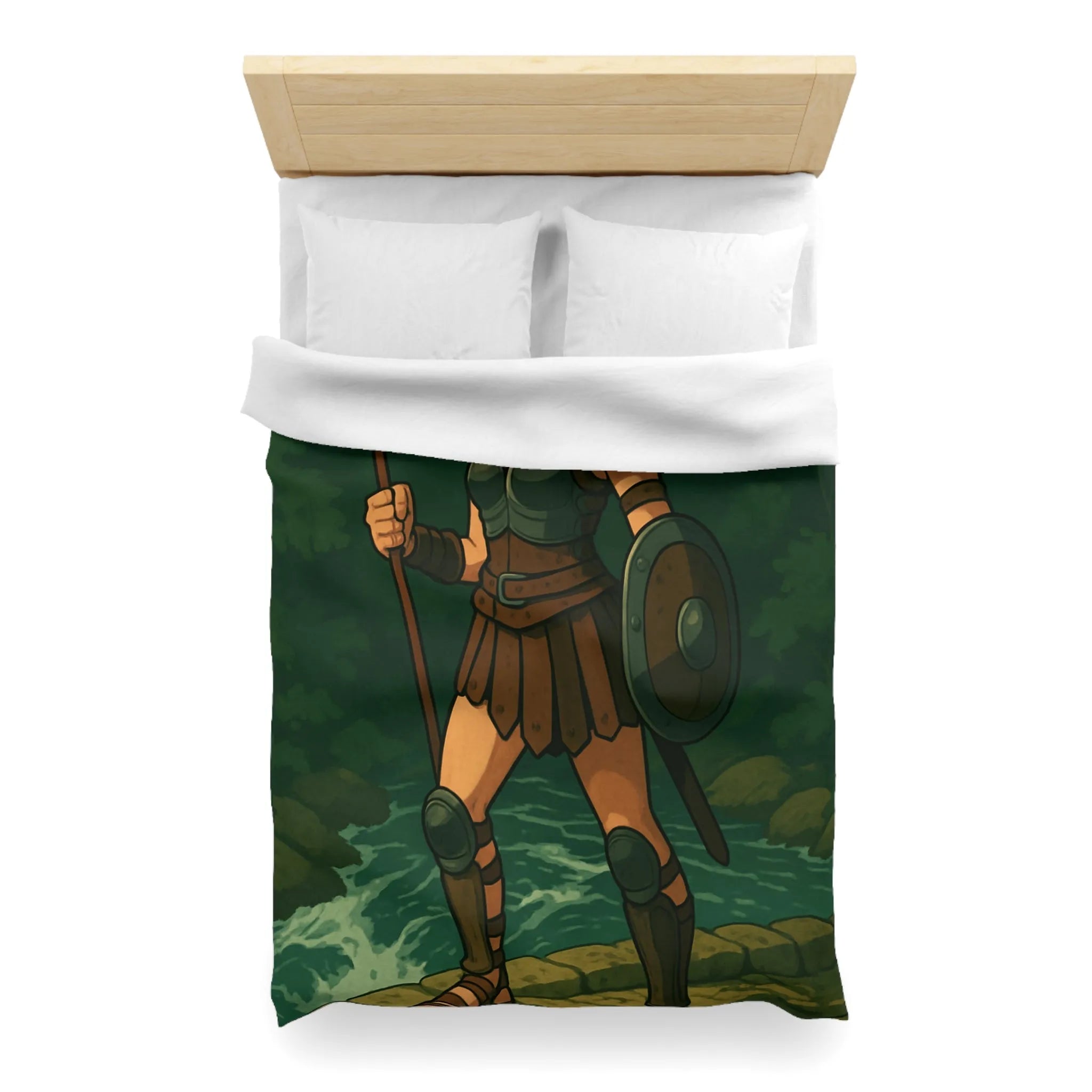 Housse de couette héroïque avec guerrière médiévale dans forêt mystique ambiance aventure épique