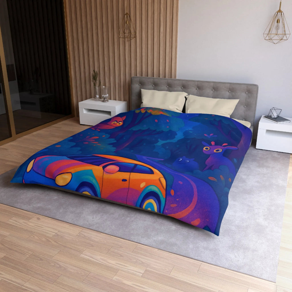 Housse de couette forêt magique avec voiture et animaux, ambiance nocturne colorée fantastique